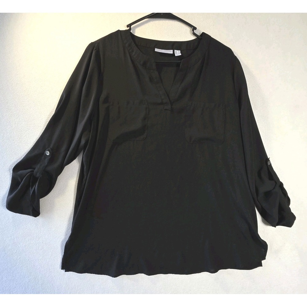 Susan Graver Women's Medium Black Liquid Knit Tunic Blouse Roll Tab Sleeves